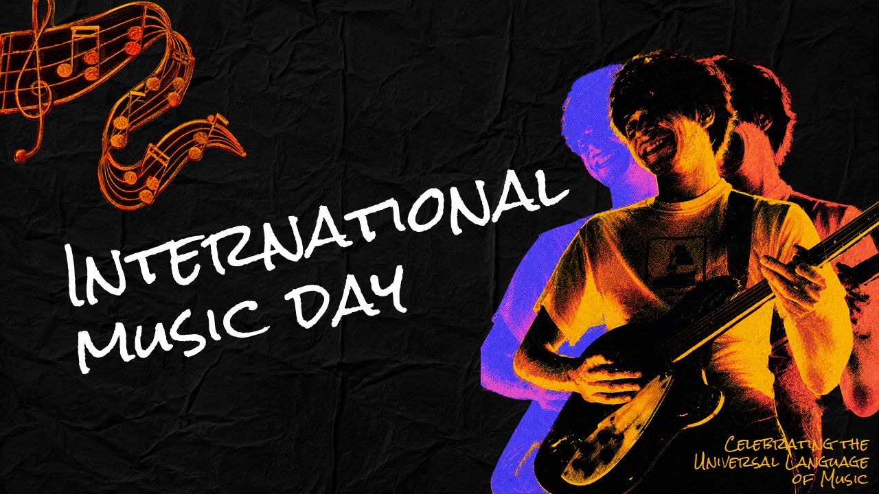 International Music Day Google Slides PowerPoint Template - Split title slide with duotone guitarist and golden tagline on black background