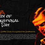 International Music Day History Origins Template - Vintage violinist portrait with IMC founding narrative and amber musical note decorations