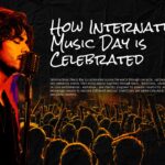 International Music Day Interesting Facts Template - Headphone guitarist portrait with two gold-titled brain and language fact blocks