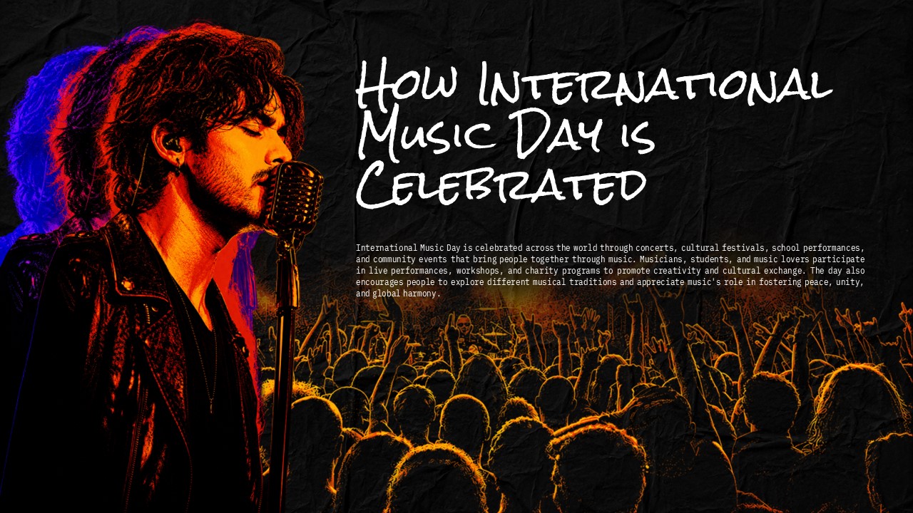 International Music Day Interesting Facts Template - Headphone guitarist portrait with two gold-titled brain and language fact blocks