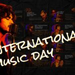 International Music Day Template - Grunge cover slide with vintage singer, fiery oranges, and electric blues on black textured background