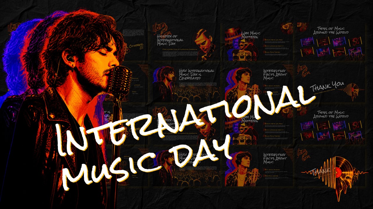 International Music Day Template - Grunge cover slide with vintage singer, fiery oranges, and electric blues on black textured background