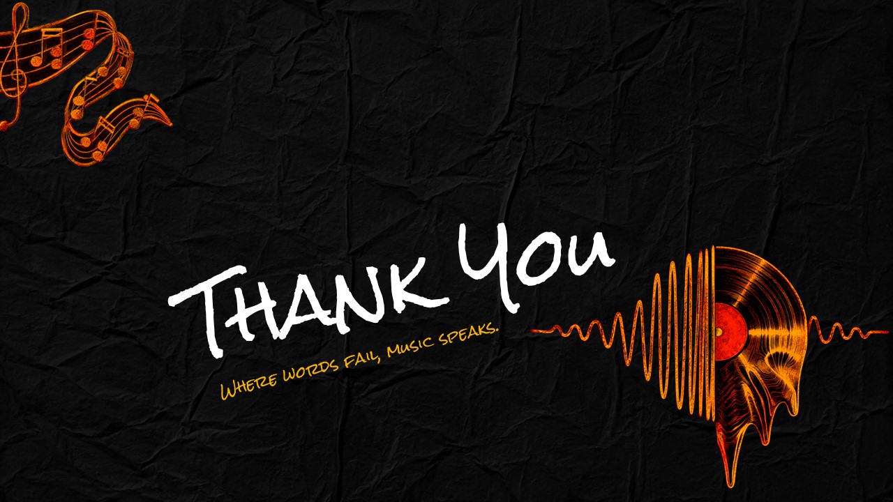 International Music Day Thank You Template - Surrealist melting vinyl record with glowing waveform and inspirational closing music quote