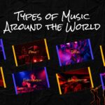 International Music Day Types Genres Template - Eight-card gallery grid showcasing global music genres with alternating blue and gold accent borders