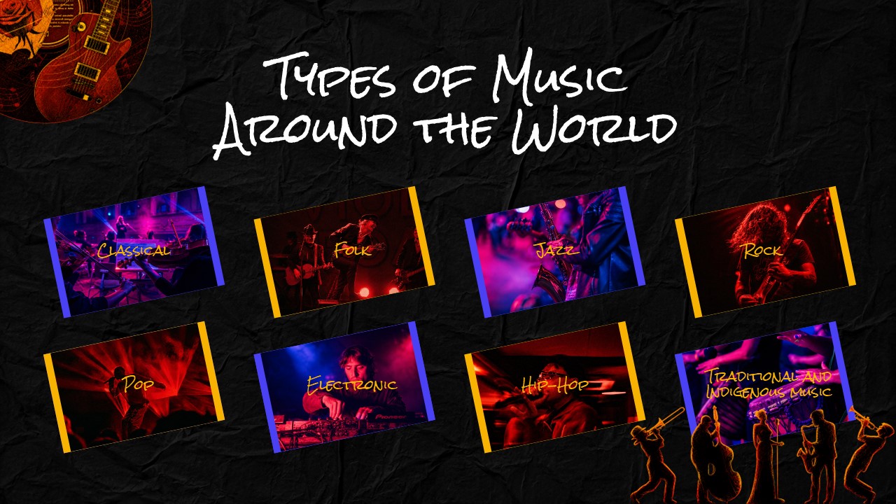 International Music Day Types Genres Template - Eight-card gallery grid showcasing global music genres with alternating blue and gold accent borders