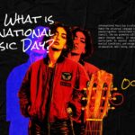 International Music Day What Is Overview Template - Definition slide with October 01 date callout and duotone guitar figure on dark background