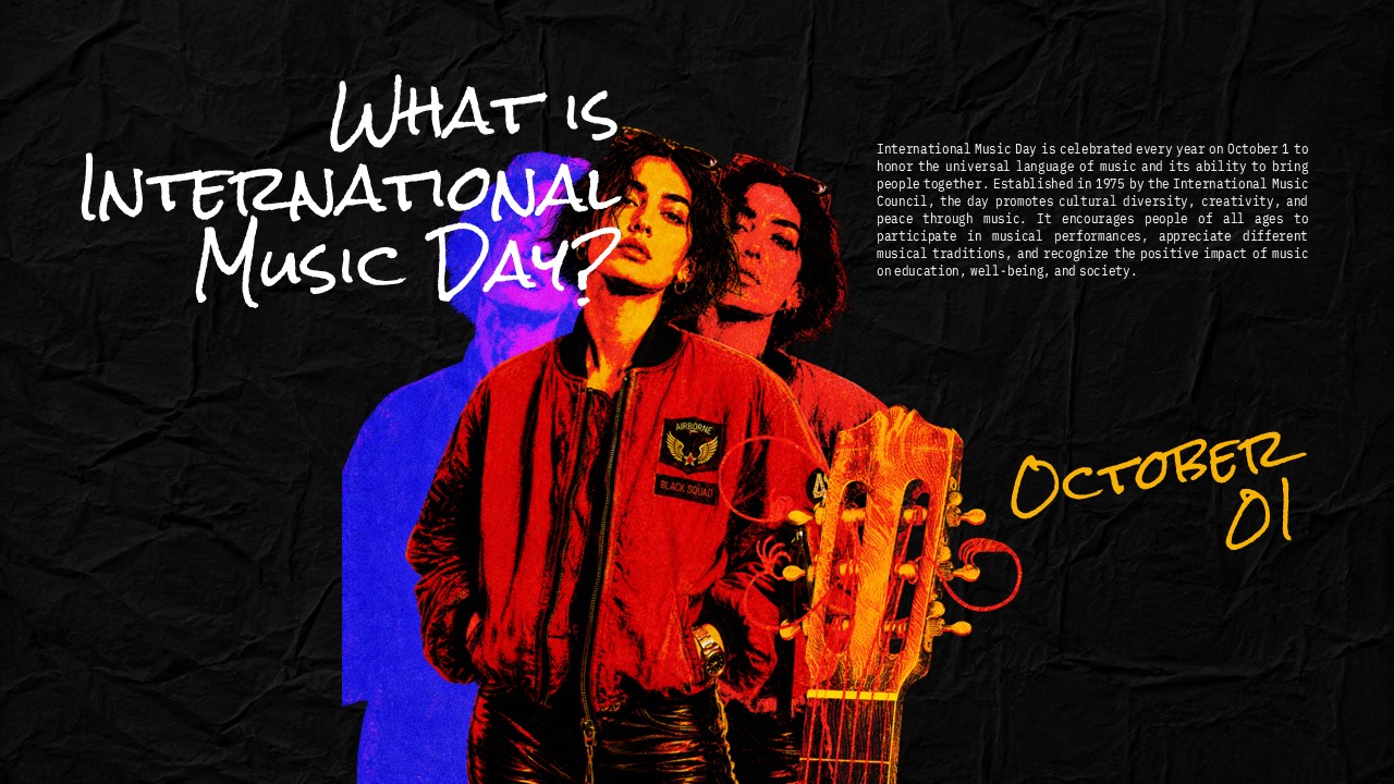 International Music Day What Is Overview Template - Definition slide with October 01 date callout and duotone guitar figure on dark background