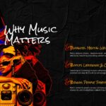 International Music Day Why Music Matters Template - Three-column benefits slide with boombox figure and gold-headed content blocks