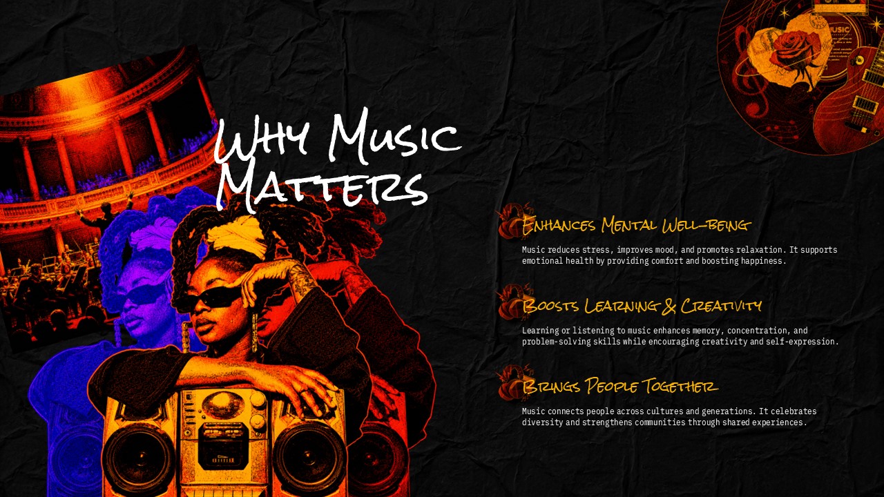 International Music Day Why Music Matters Template - Three-column benefits slide with boombox figure and gold-headed content blocks