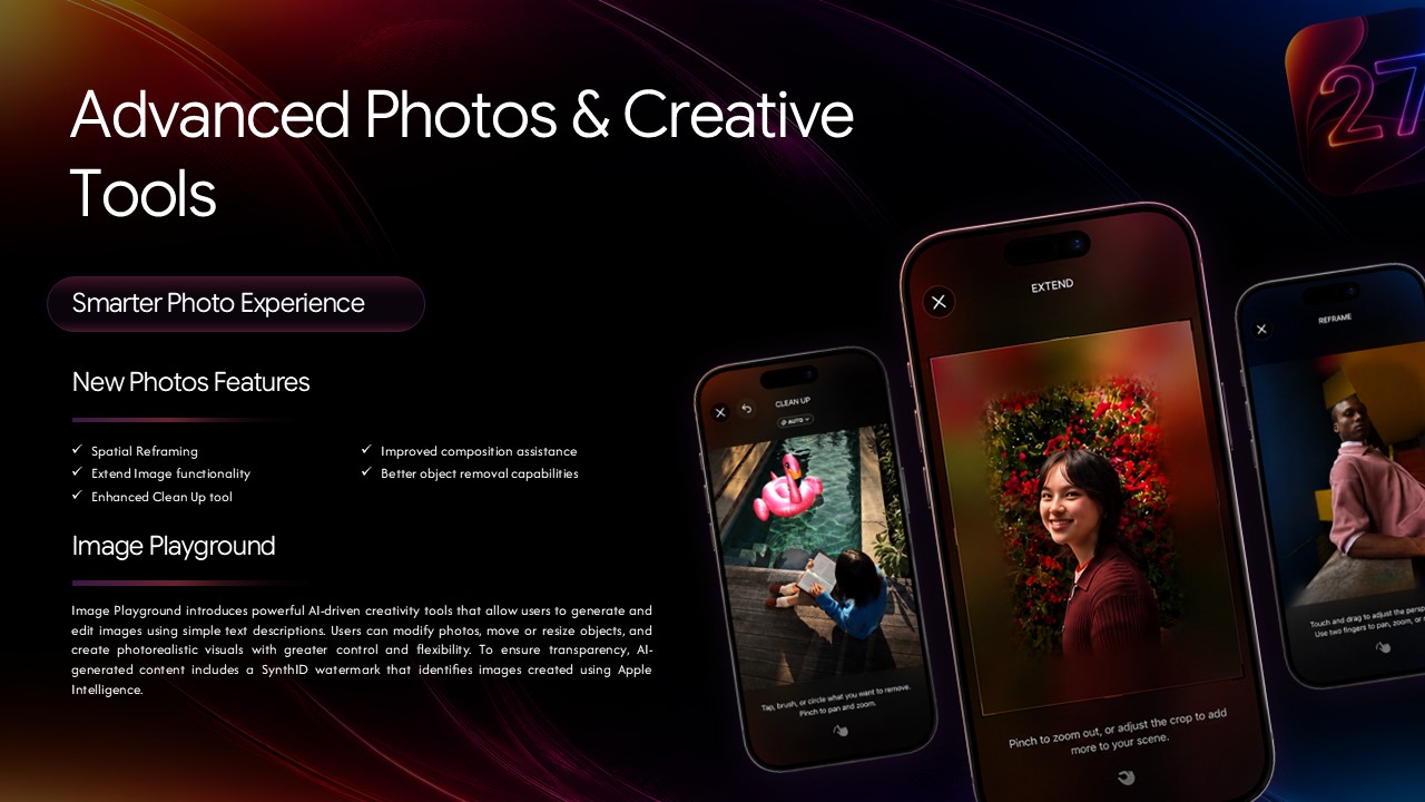 iOS 27 Photos Template – Creative tools spotlight with cascading iPhone mockups showing vibrant photo editing interfaces