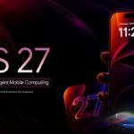 iOS 27 Google Slides Template – Dark cinematic cover slide with glowing neon title and hand-held iPhone hero image