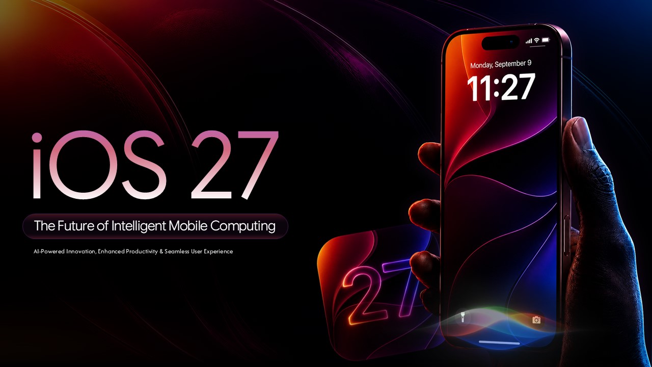 iOS 27 Google Slides Template – Dark cinematic cover slide with glowing neon title and hand-held iPhone hero image