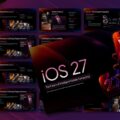 iOS 27 Template – Mosaic preview of 11 dark futuristic slides with neon pink gradients and iPhone imagery