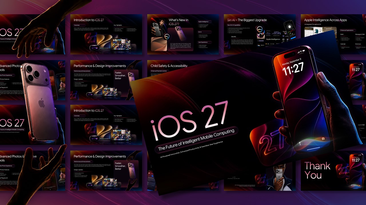 iOS 27 Template – Mosaic preview of 11 dark futuristic slides with neon pink gradients and iPhone imagery