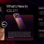 iOS 27 What's New Template – Three-zone feature layout covering Apple Intelligence, Siri AI, and User Experience upgrades