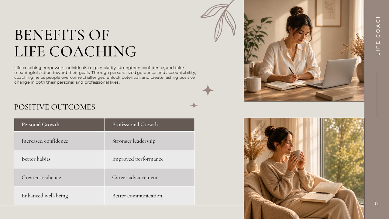 Life Coaching Benefits slide - two-column comparison table for personal and professional growth with portrait photos