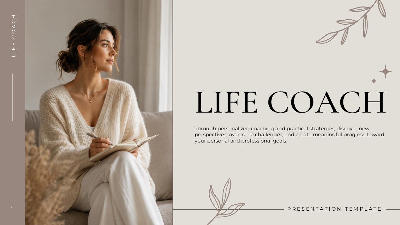 Life Coaching Google Slides Template - banner photo, text block, and portrait image on cream background