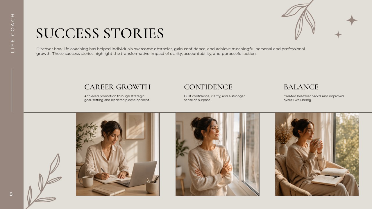 Life Coaching Success Stories slide - three-column case study layout with category text and portrait photos