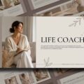 Life Coaching Template - cover slide with split-panel layout, serif headline, botanical line art, and hero photo