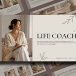 Life Coaching Template - cover slide with split-panel layout, serif headline, botanical line art, and hero photo