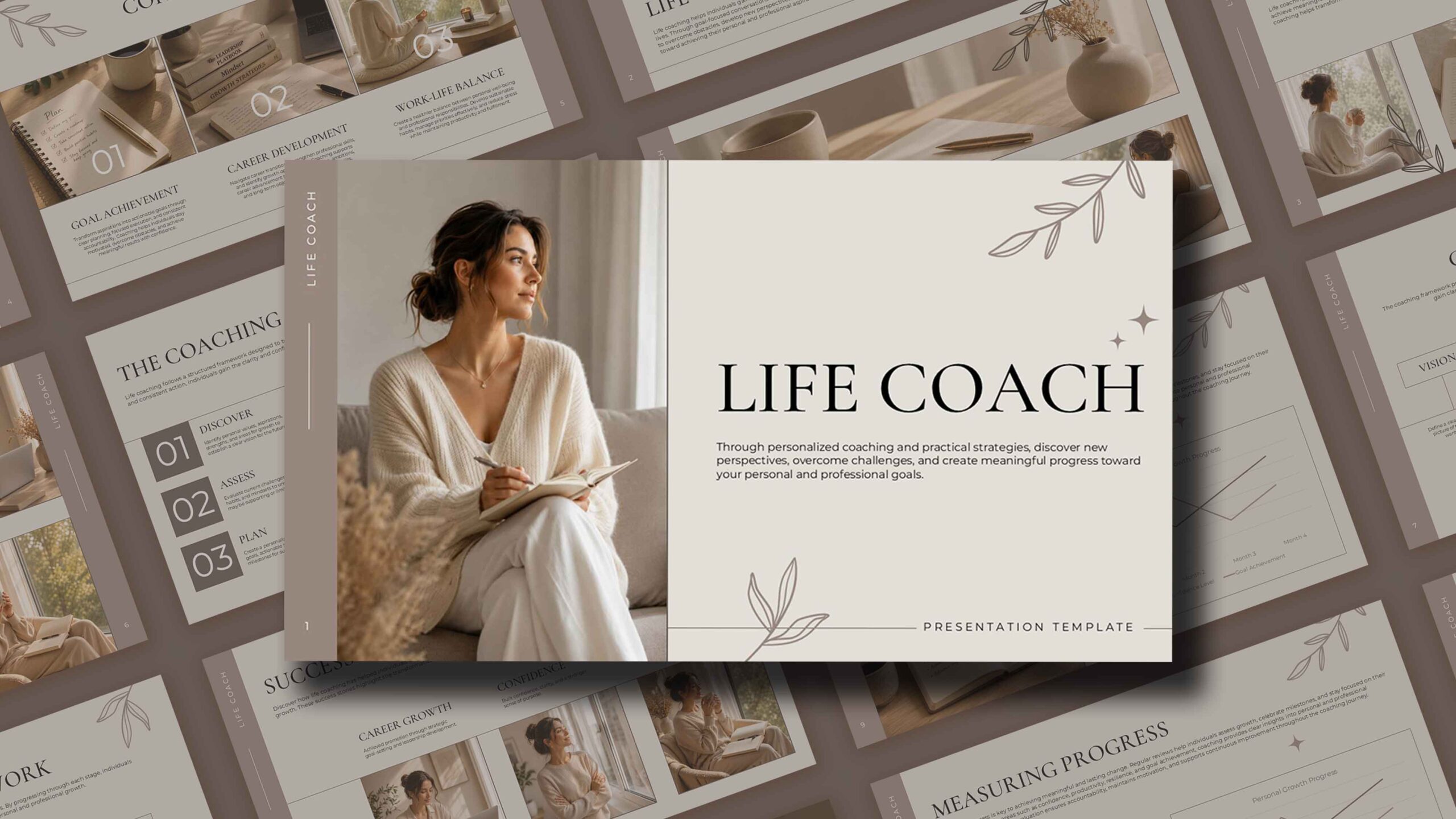 Life Coaching Template - cover slide with split-panel layout, serif headline, botanical line art, and hero photo