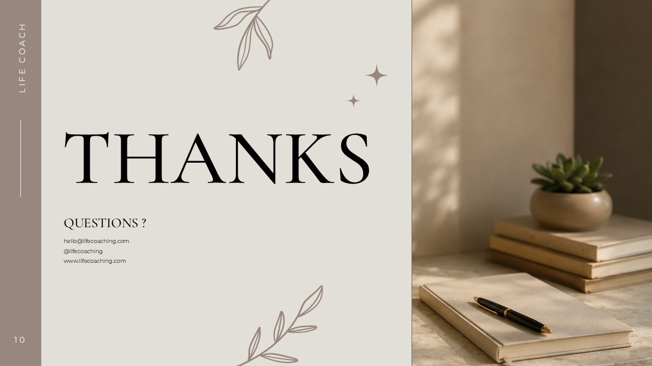 Life Coaching Thank You slide - large serif THANKS headline, contact details, and full-height lifestyle photo