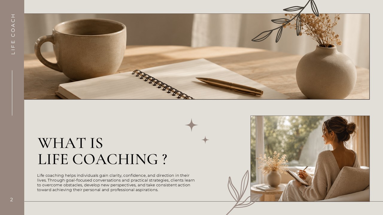 What Is Life Coaching slide - definition text block, lifestyle photos, and botanical decoration on cream background