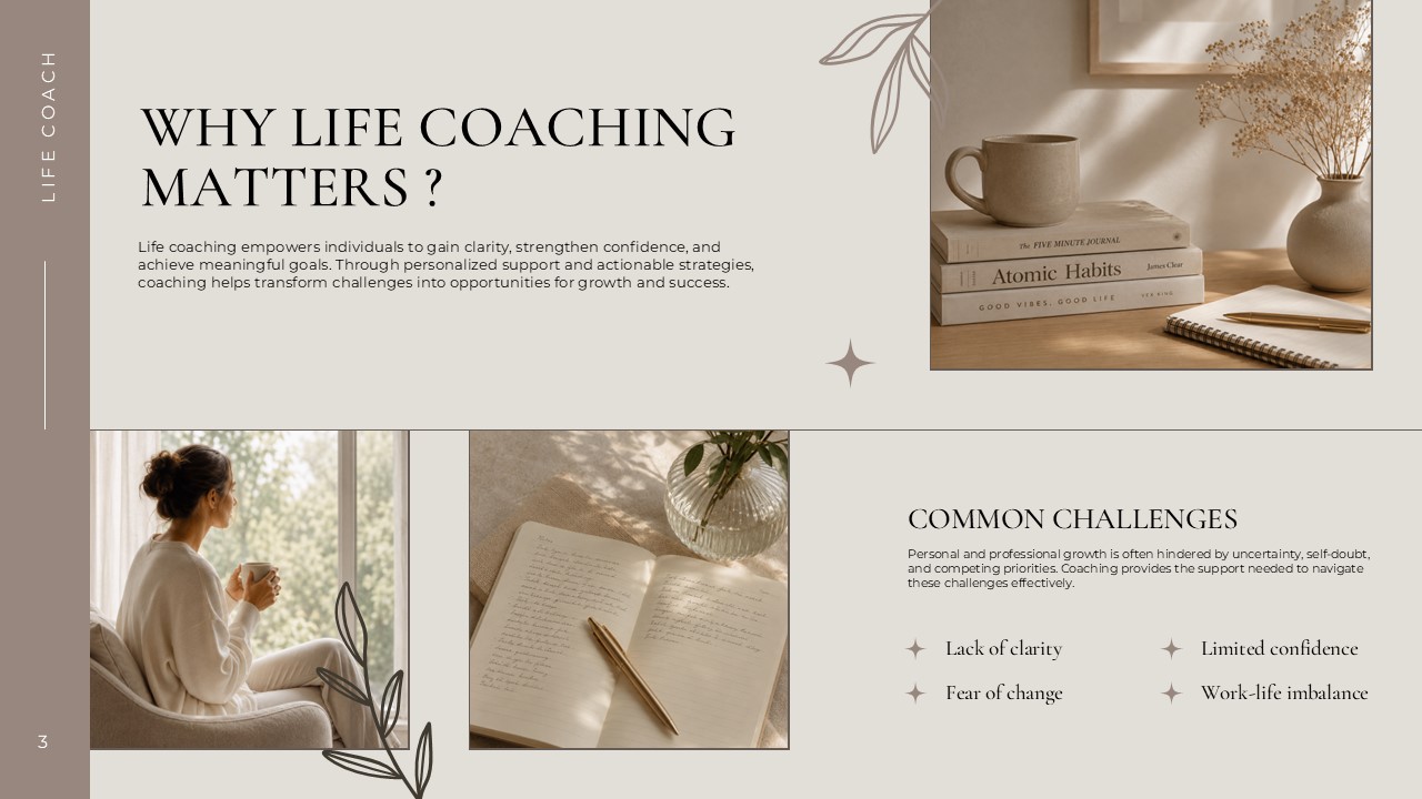 Why Life Coaching Matters slide - text block, bullet points with sparkle icons, and portrait photos