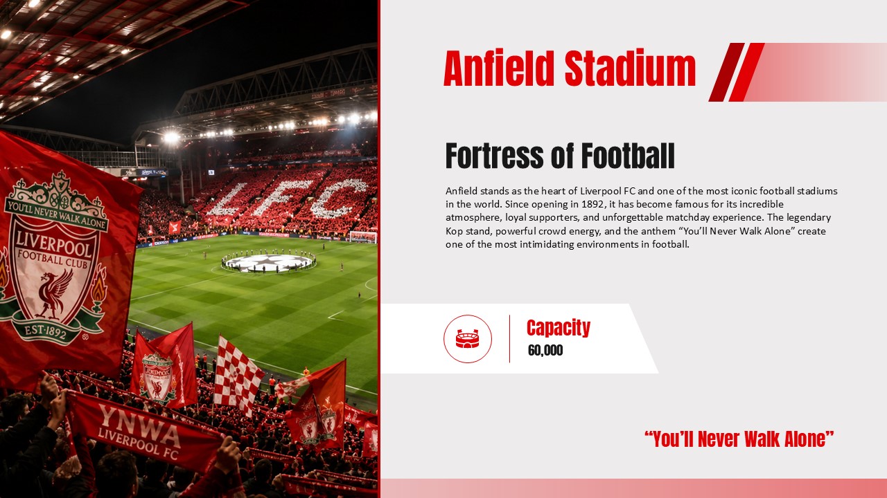 Liverpool FC Template - Greatest achievements slide showcasing Champions League and Club World Cup trophies with trophy photos