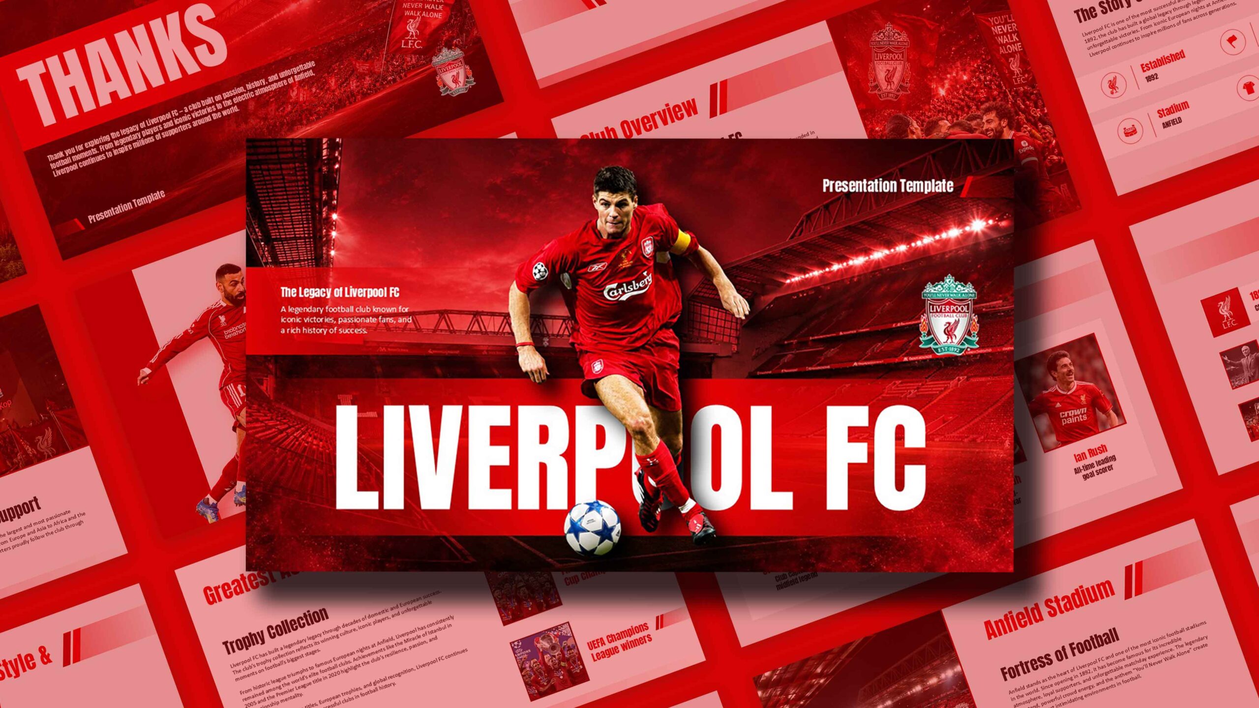 Liverpool FC Template - Cinematic cover slide with Steven Gerrard, stadium background, and bold LIVERPOOL FC title