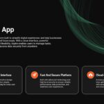 Mobile App Presentation Core Features Template - Smartphone mockup flanked by analytics stats and feature cards