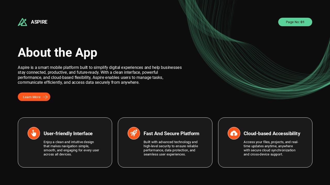 Mobile App Presentation Core Features Template - Smartphone mockup flanked by analytics stats and feature cards