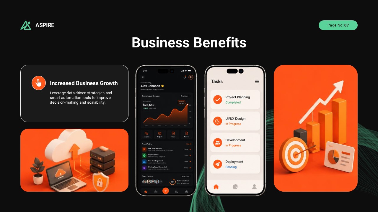 Mobile App Presentation Future Roadmap Template - Four orange phone-shaped cards mapping 2025 milestones