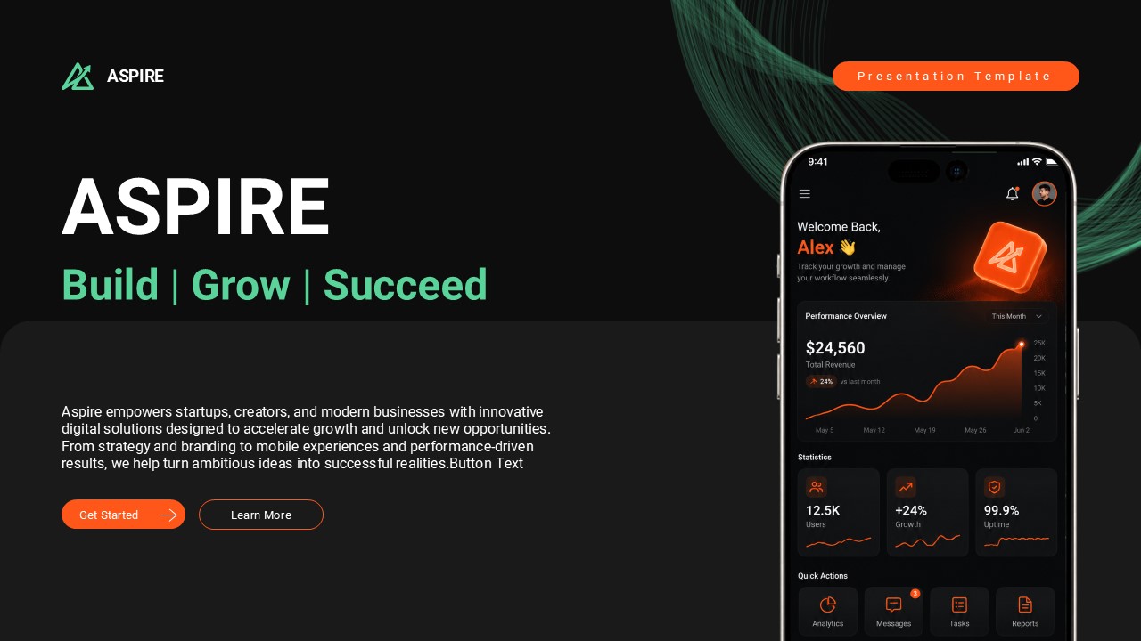 Mobile App Presentation Template - About the App slide with three feature cards on dark background