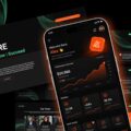 Plantilla de presentación para aplicaciones móviles: colección de diapositivas con temática oscura, detalles en naranja y maqueta 3D de un smartphone.