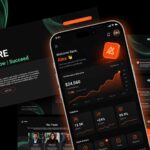 Mobile App Presentation Template - Dark-themed slide collection with orange accents and 3D smartphone mockup