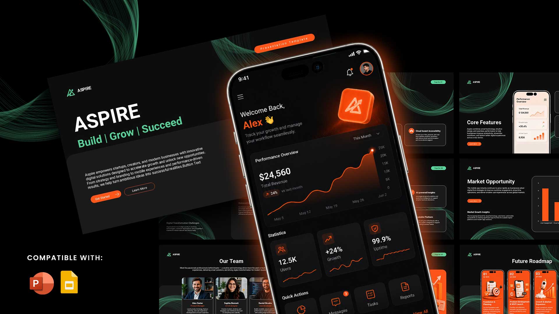 Mobile App Presentation Template - Dark-themed slide collection with orange accents and 3D smartphone mockup