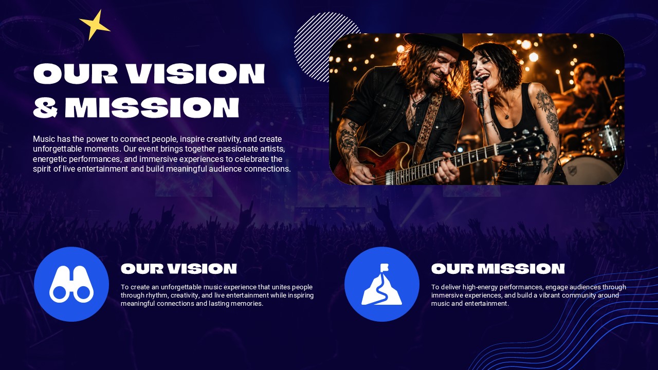 Music Event Template - About the event slide with photo collage and 1,00,000 attendees statistic badge