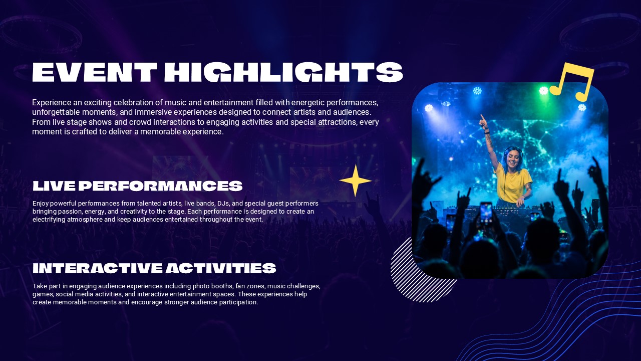 Music Event Template - Artist lineup slide with three circular performer photos and gold artist labels in a centered layout
