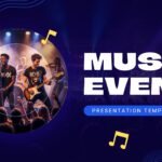 Music Event Google Slides Template - Table of contents slide with 6 numbered sections on dark navy background