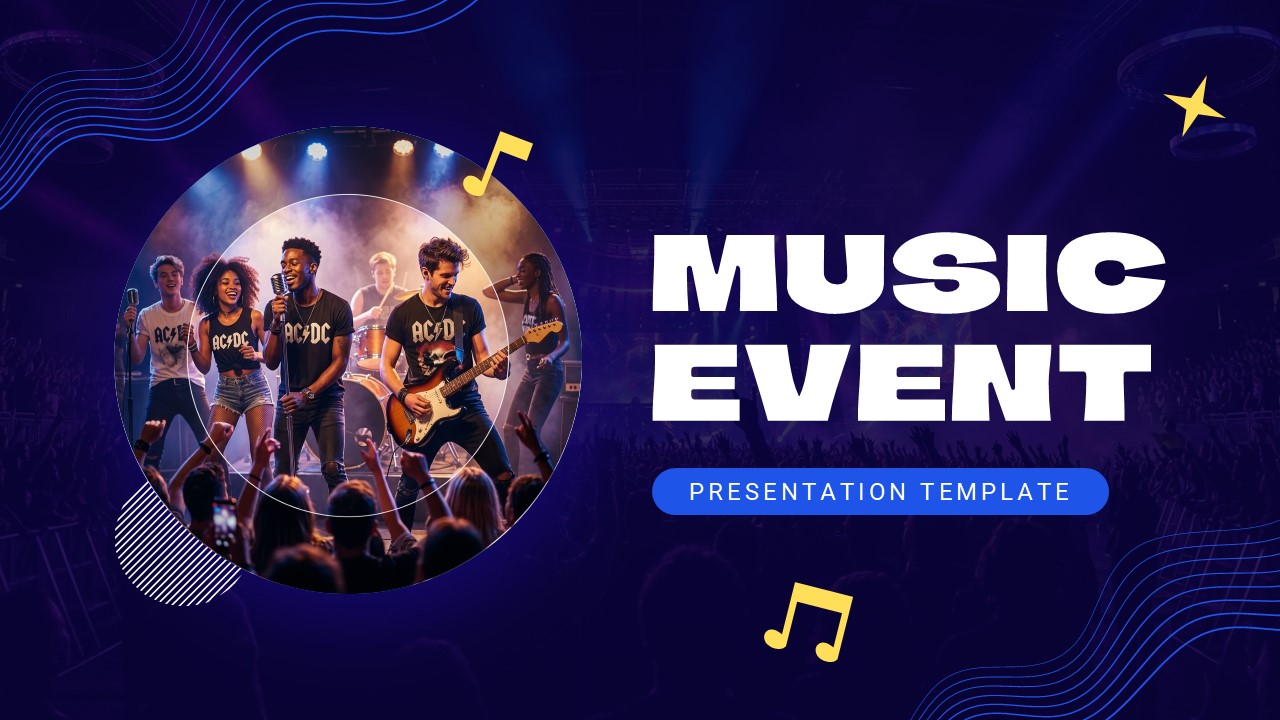Music Event Google Slides Template - Table of contents slide with 6 numbered sections on dark navy background