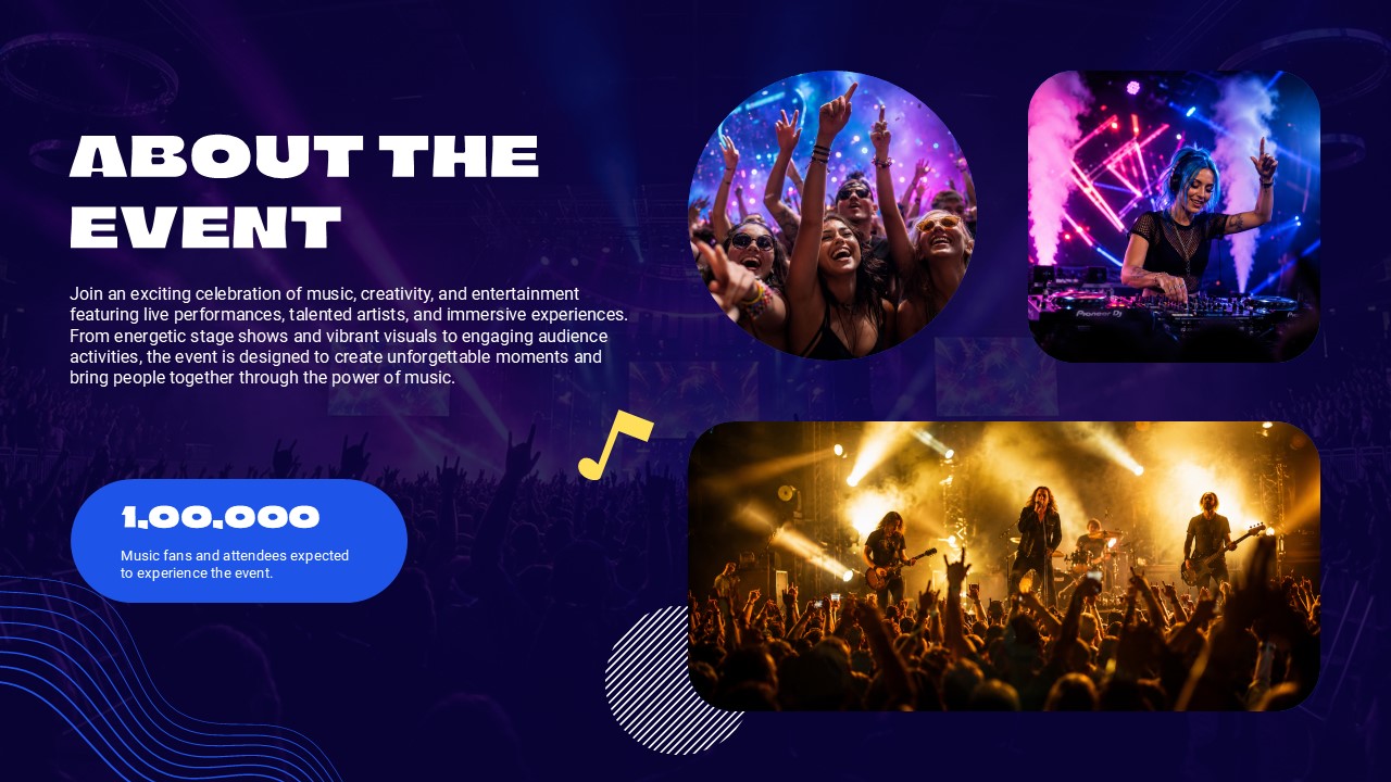 Music Event Template - Event highlights slide with live performances and interactive activities sections beside a DJ photo