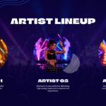 Music Event Template - Event schedule slide with four time-based cards showing gates open, DJ warm-up, band live, and finale