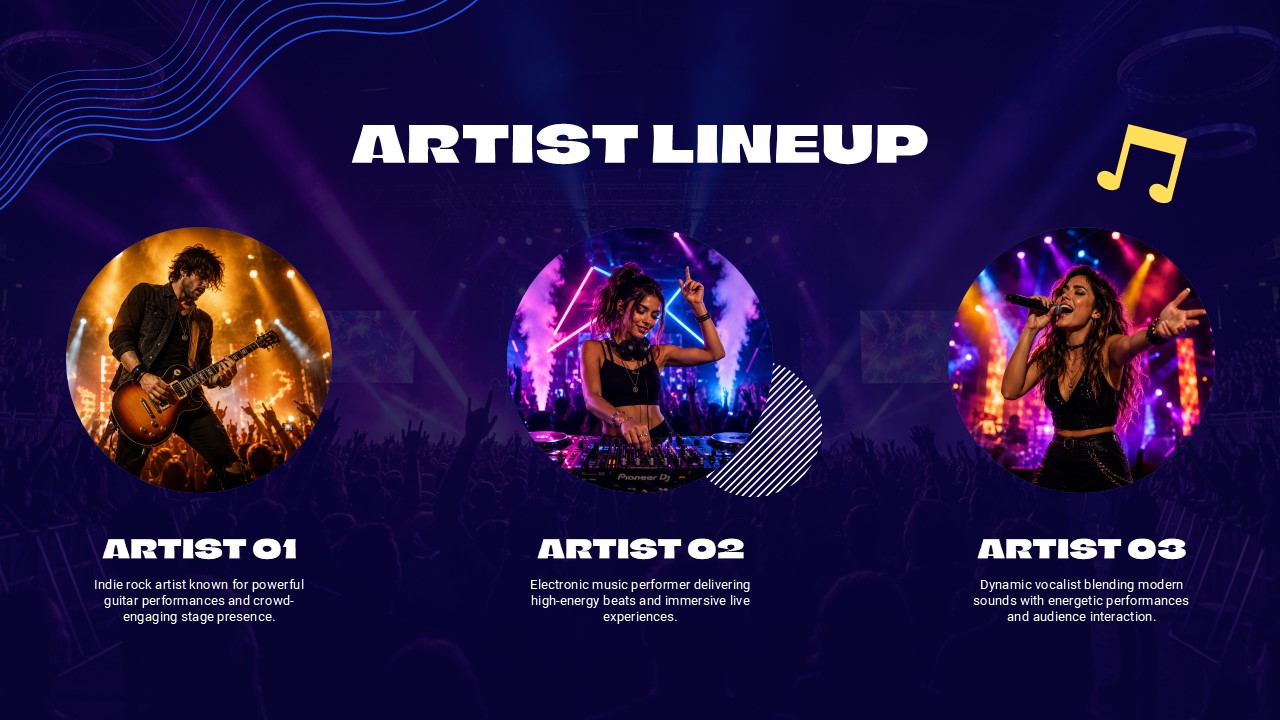 Music Event Template - Event schedule slide with four time-based cards showing gates open, DJ warm-up, band live, and finale