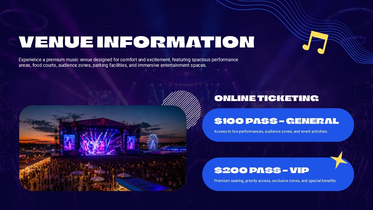 Music Event Template - Sponsorship opportunities slide with sponsor wall photo and brand exposure and audience engagement sections