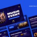 Music Event Template - Dark navy cover slide with concert photo, bold title, and neon music note decorations