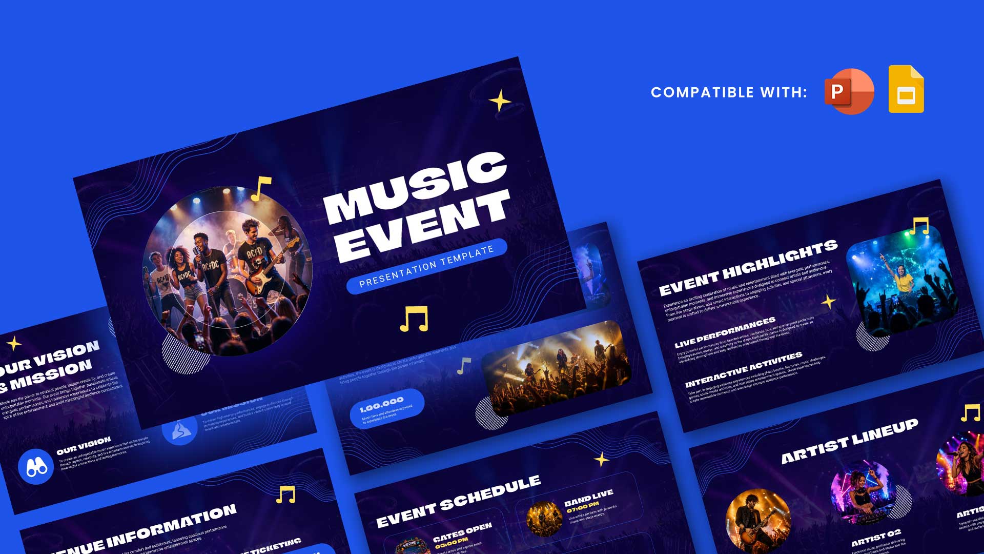 Music Event Template - Dark navy cover slide with concert photo, bold title, and neon music note decorations