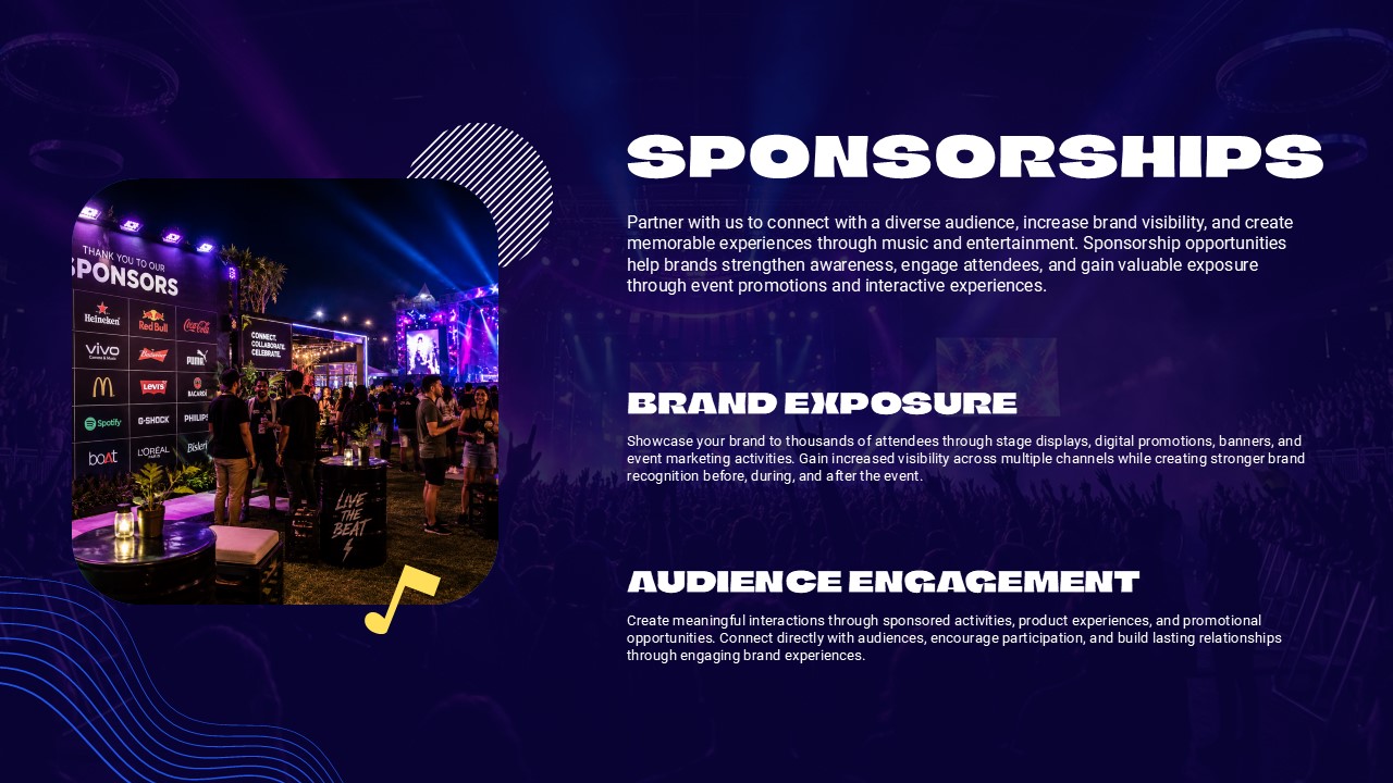 Music Event Template - Thank you closing slide with bold THANKS text, blue subtitle badge, and music note decorations