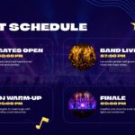 Music Event Template - Venue information slide with aerial concert photo and two ticket pricing options in blue pill badges