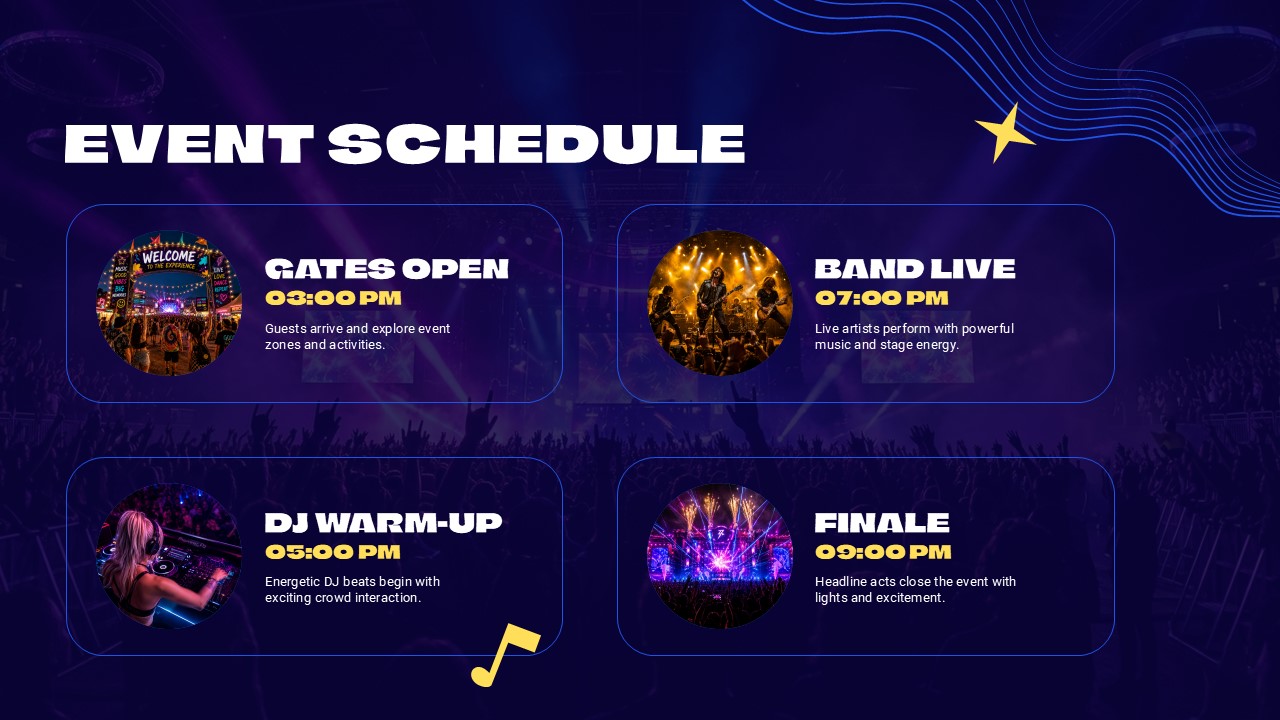 Music Event Template - Venue information slide with aerial concert photo and two ticket pricing options in blue pill badges